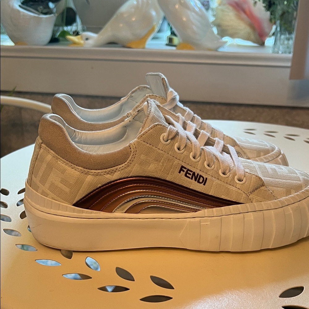 Fendi force jaquart Beige and White Sneakers with Brown Accents
